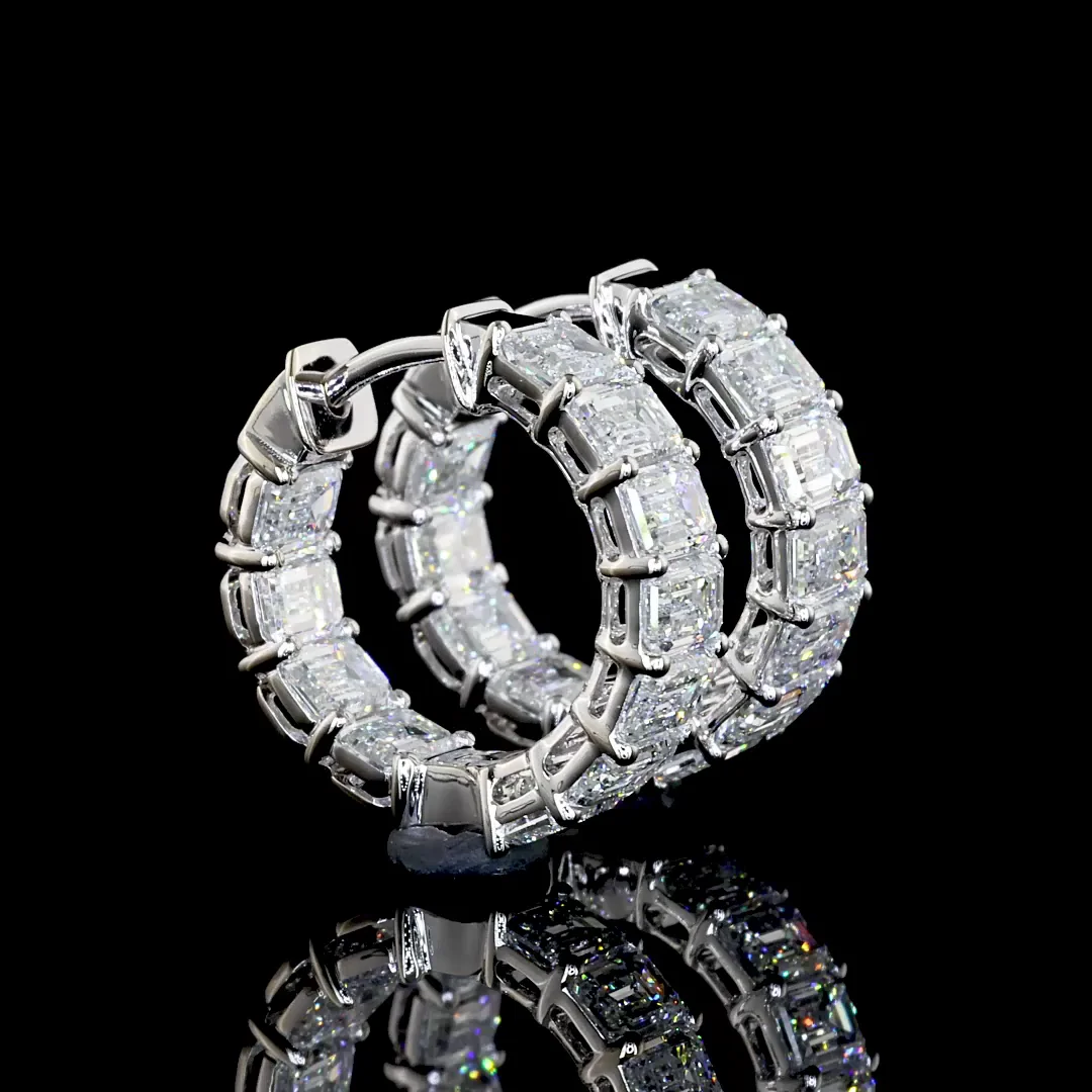 3.14 Cts 14k White Gold Emerald Shape Huggies Earring - Video