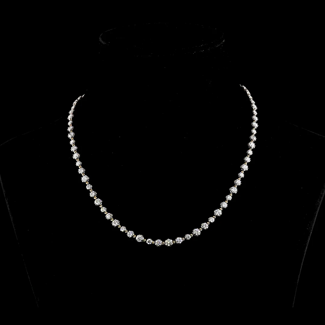 10.16 Cts 14k Yellow Gold Round Shape Station Line Tennis Necklace - Video