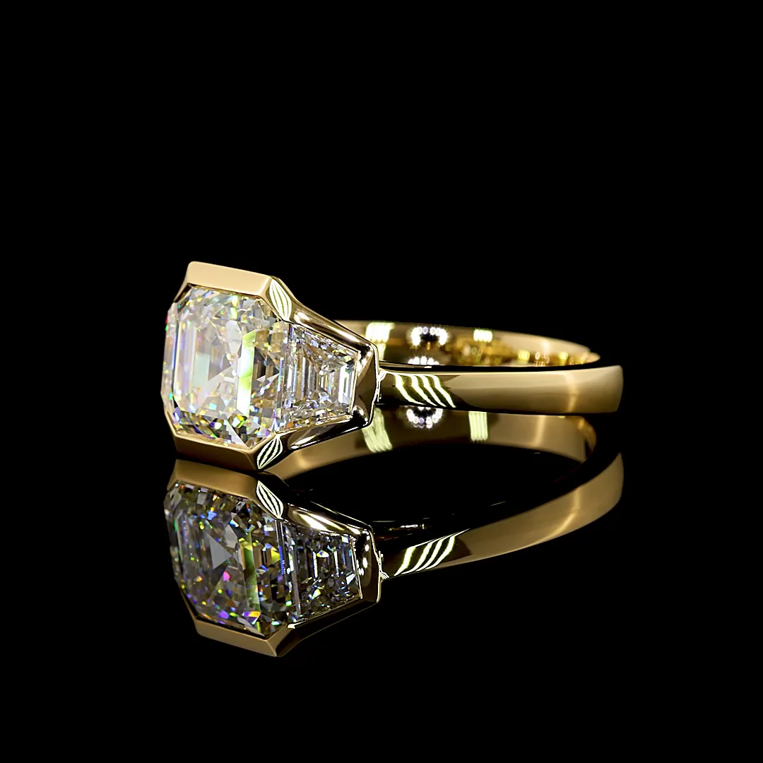 3.8 Cts 18k Yellow Gold Asscher Shape 3 Stones Ring - Image 2