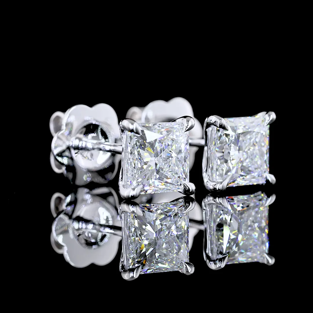 2.04 Cts 14k White Gold Princess Shape Studs Earring - Video