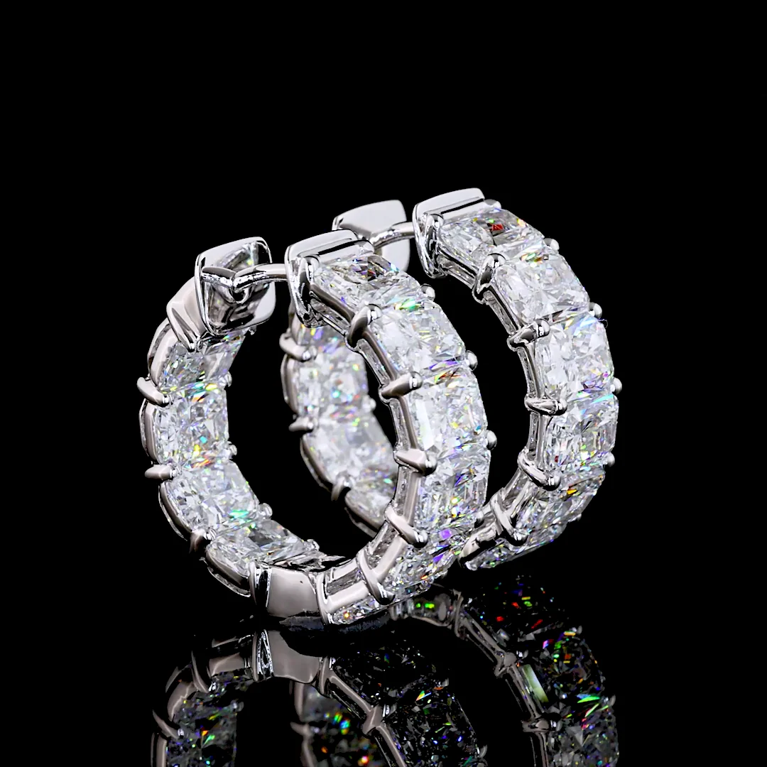 6.53 Cts 14k White Gold Radiant Shape Huggies Earring - Video