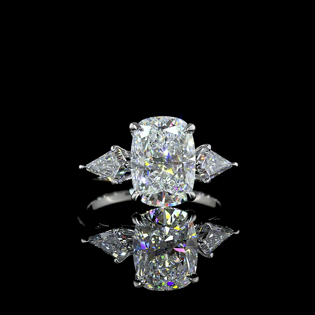 3.8 Cts Platinum Cushion Brilliant Shape 3 Stones Ring - Video