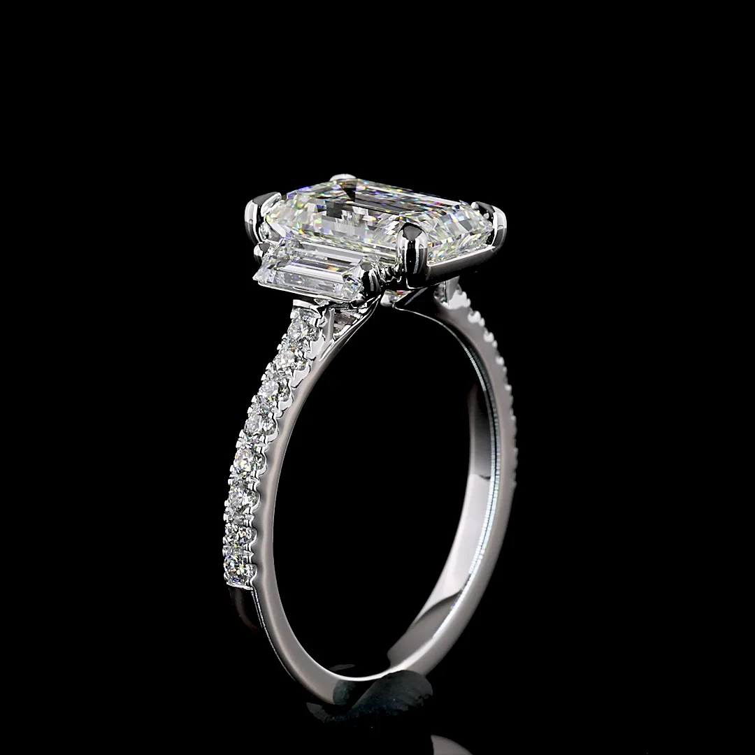 3.42 Cts 14k White Gold Emerald Shape 3stone Diamondshank Ring - Image 4