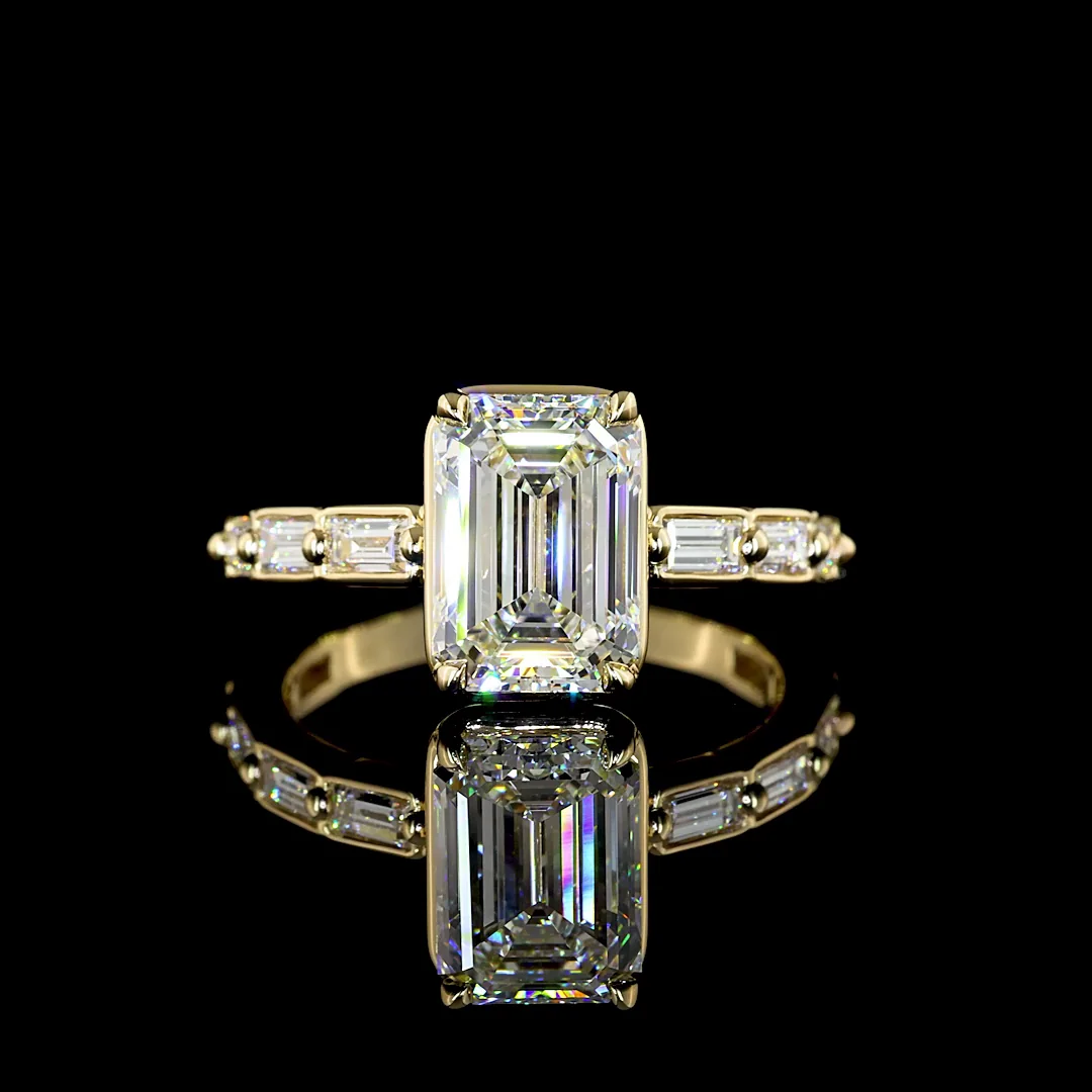 3.14 Cts 14k Yellow Gold Emerald Shape Solitaire Diamond Shank Ring - Video