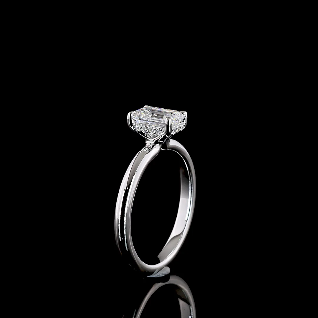 1.08 Cts 14k White Gold Emerald Shape Hidden Halo Ring - Image 2