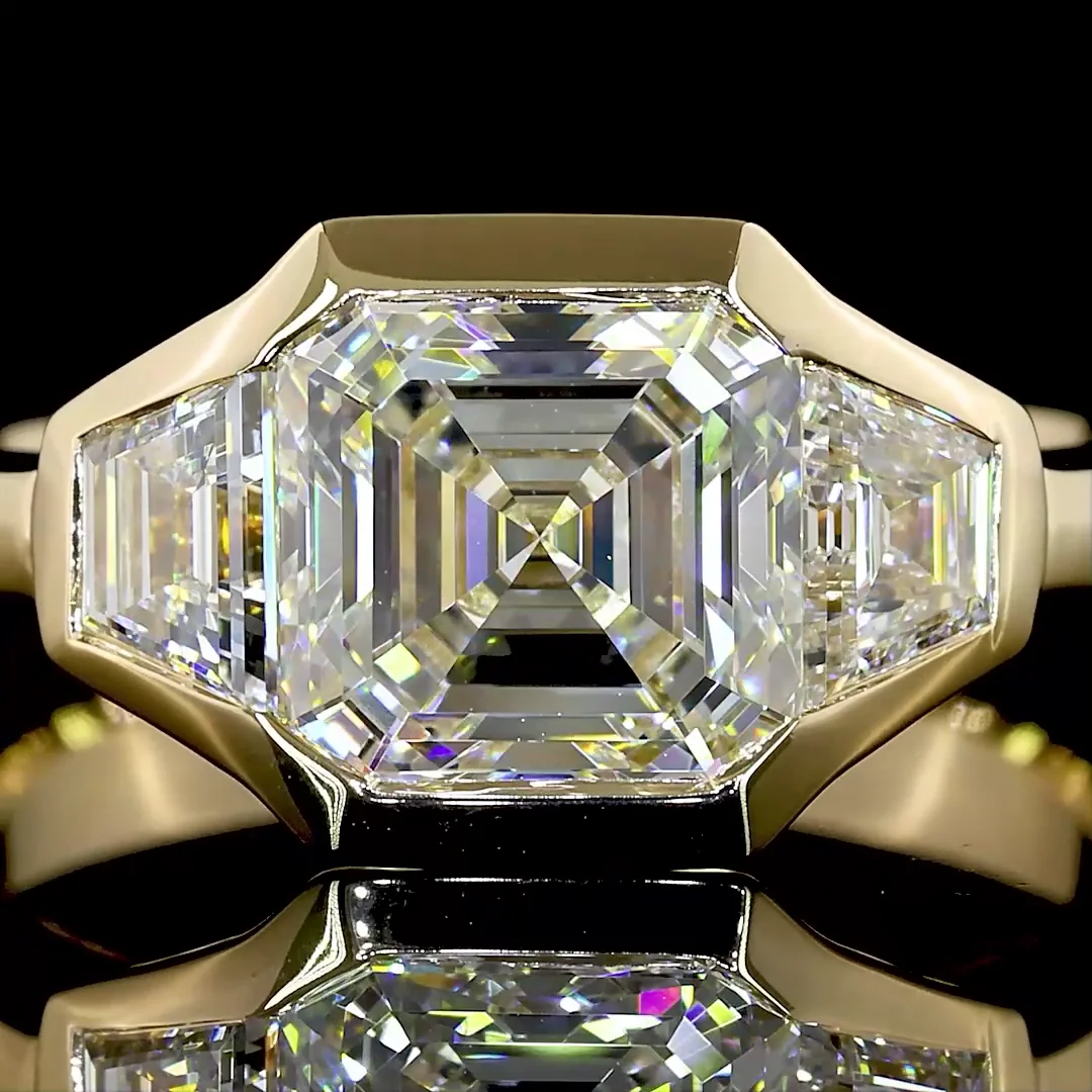 2.62 Cts 14k Yellow Gold Asscher Shape 3 Stones Ring - Image 3