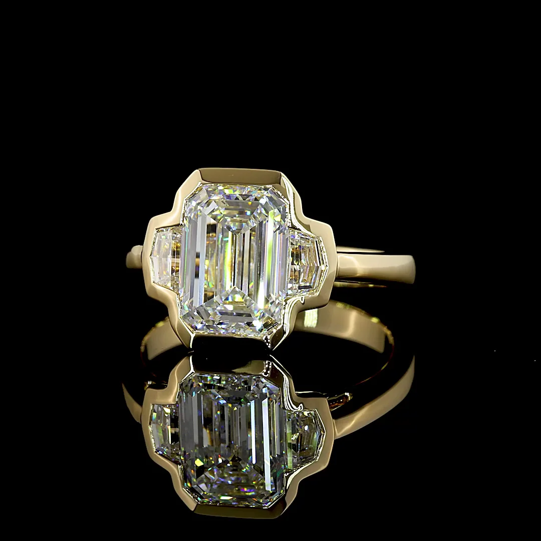 3.4 Cts 14k Yellow Gold Emerald Shape 3 Stones Ring - Image 2