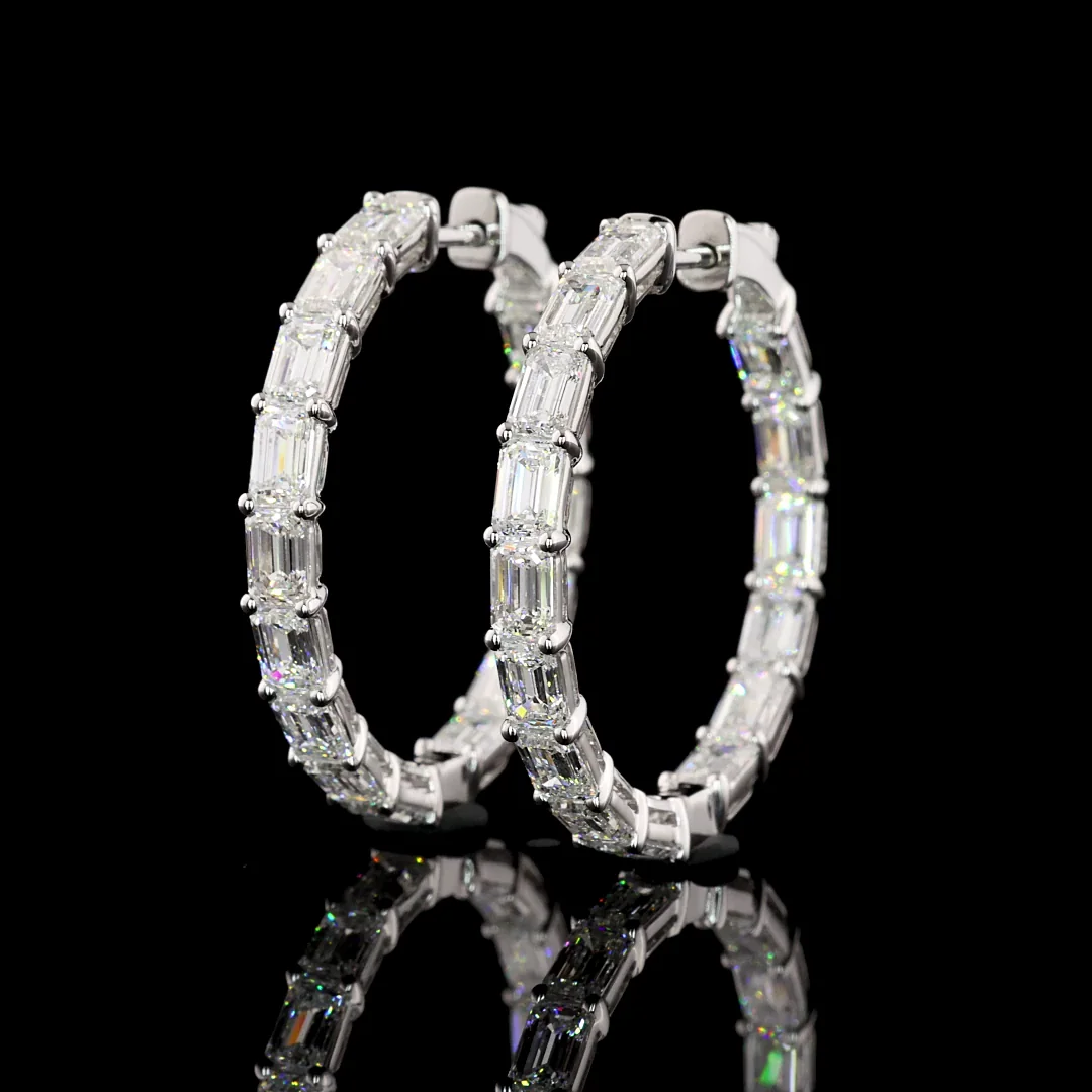 6.06 Cts 14k White Gold Emerald Shape Hoops Earring - Image 2