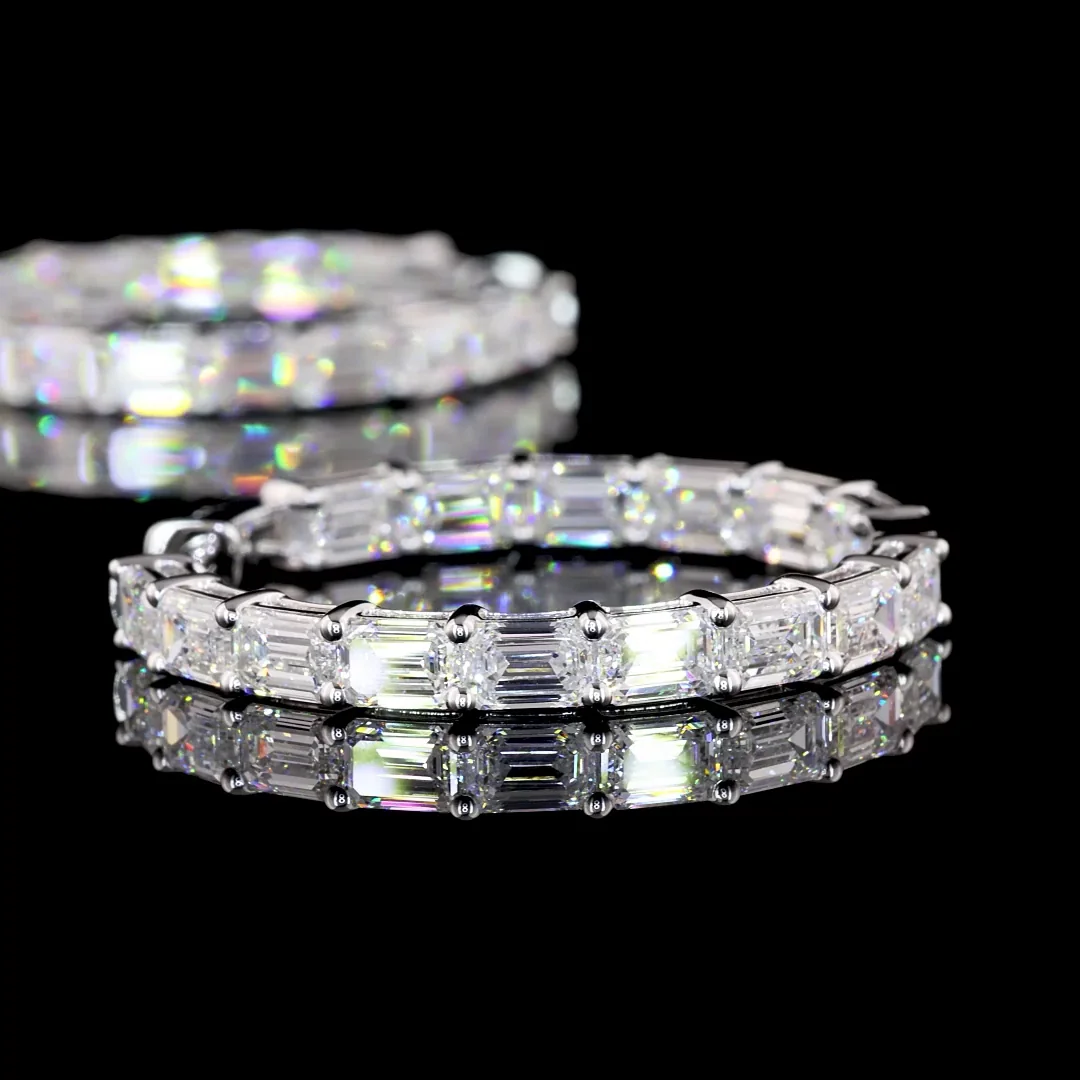 7.3 Cts 14k White Gold Emerald Shape Hoops Earring - Image 4