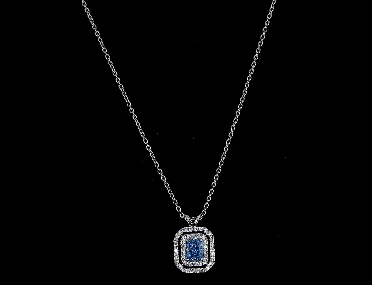 0.72 Cts 14k White Gold Radiant Shape Double Halo Pendant - Video