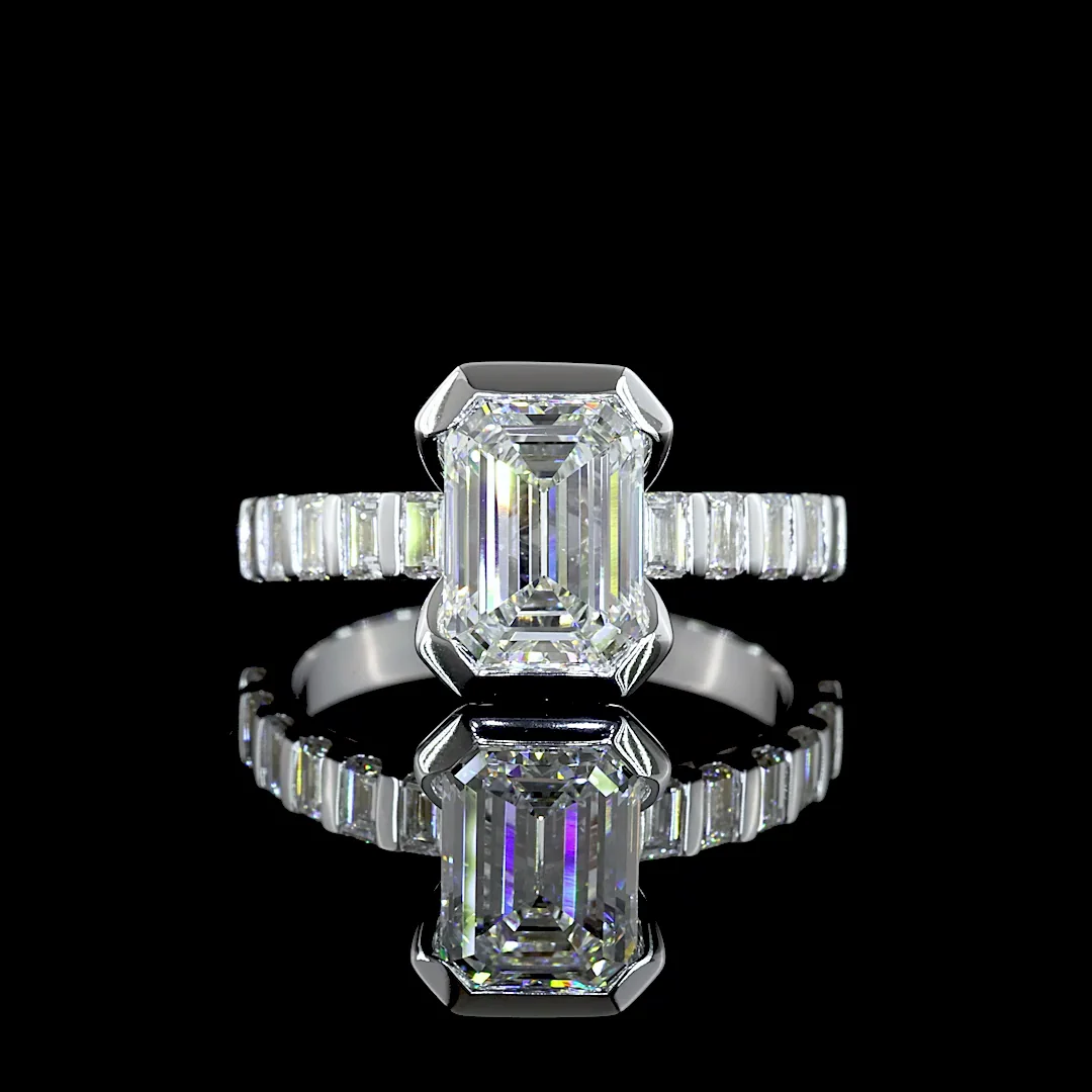 2.83 Cts 14k White Gold Emerald Shape Hidden Halo Ring