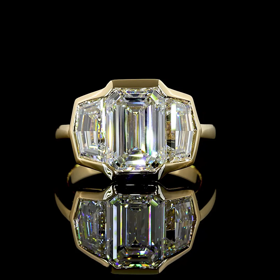 4.65 Cts 14k Yellow Gold Emerald Shape 3 Stones Ring