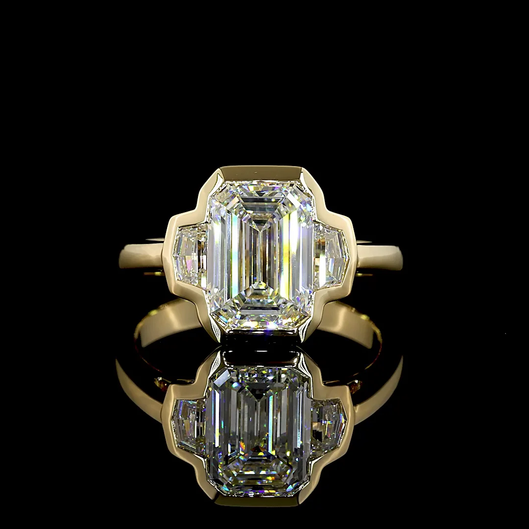 3.4 Cts 14k Yellow Gold Emerald Shape 3 Stones Ring