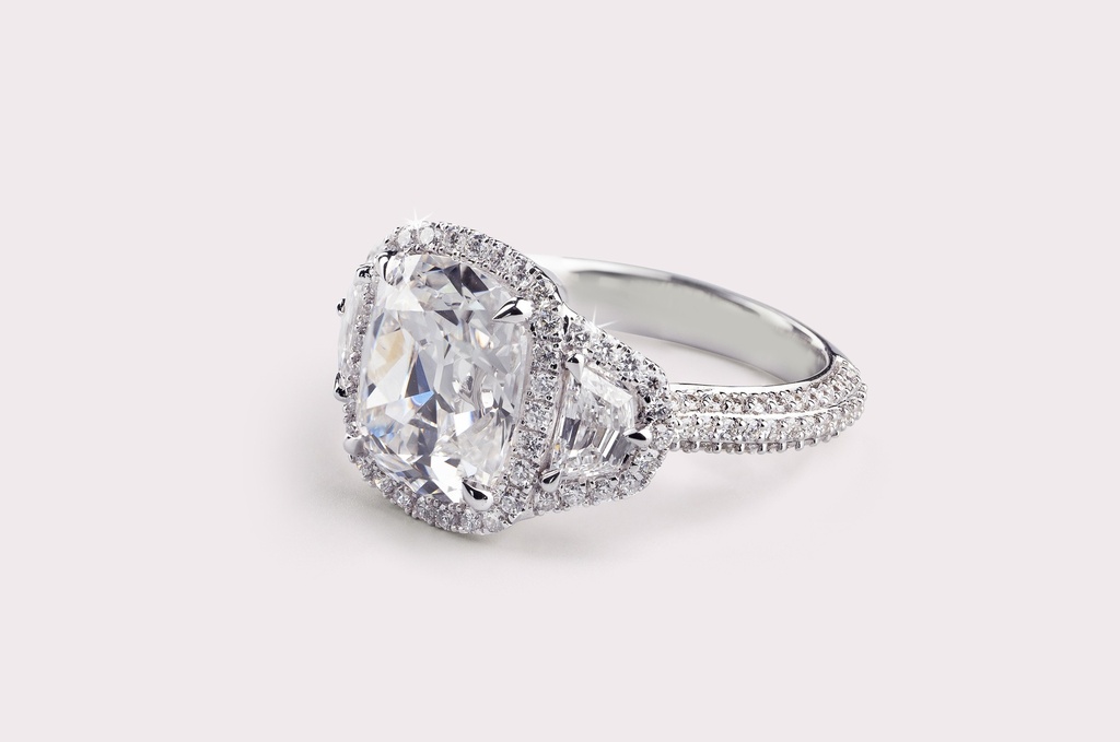 5.61 Cts 14k White Gold Antique Cushion Shape 3 Stones Halo Ring