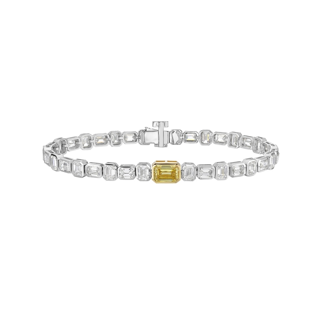 7.72 Cts 14k Two Tone Emerald Shape Station Line Tennis Bracelet