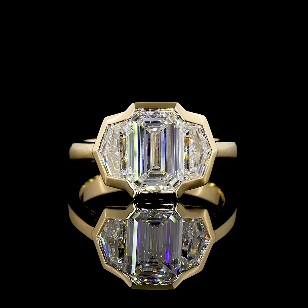 2.98 Cts 14k Yellow Gold Emerald Shape 3 Stones Ring