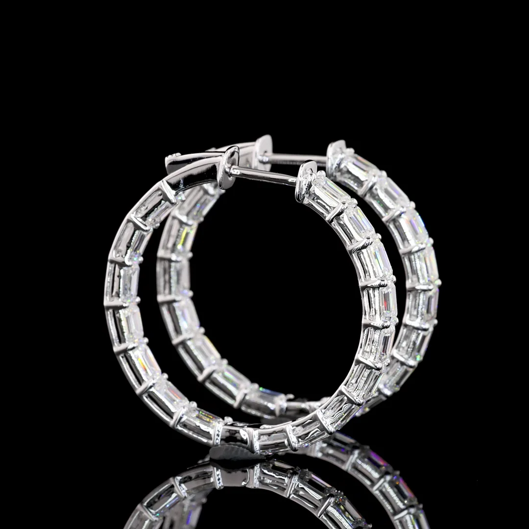 3.93 Cts 14k White Gold Emerald Shape Hoops Earring