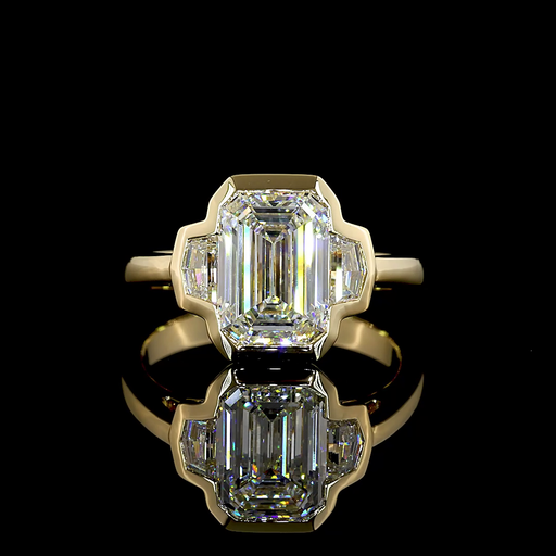 [RG14Y3EM300CADHBNS] 3.4 Cts 14k Yellow Gold Emerald Shape 3 Stones Ring