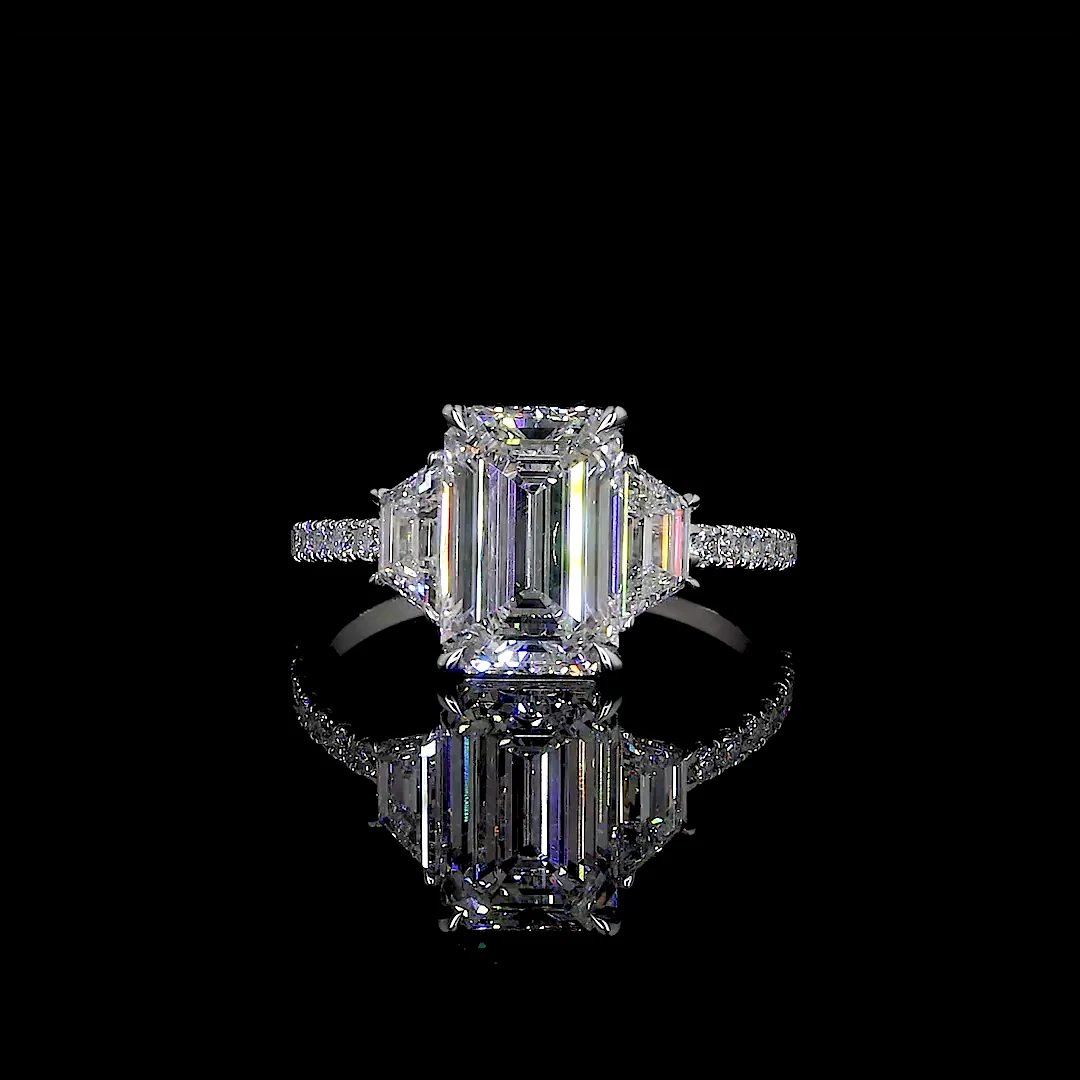 3.86 Cts 14k White Gold Emerald Shape 3 Stones Ring
