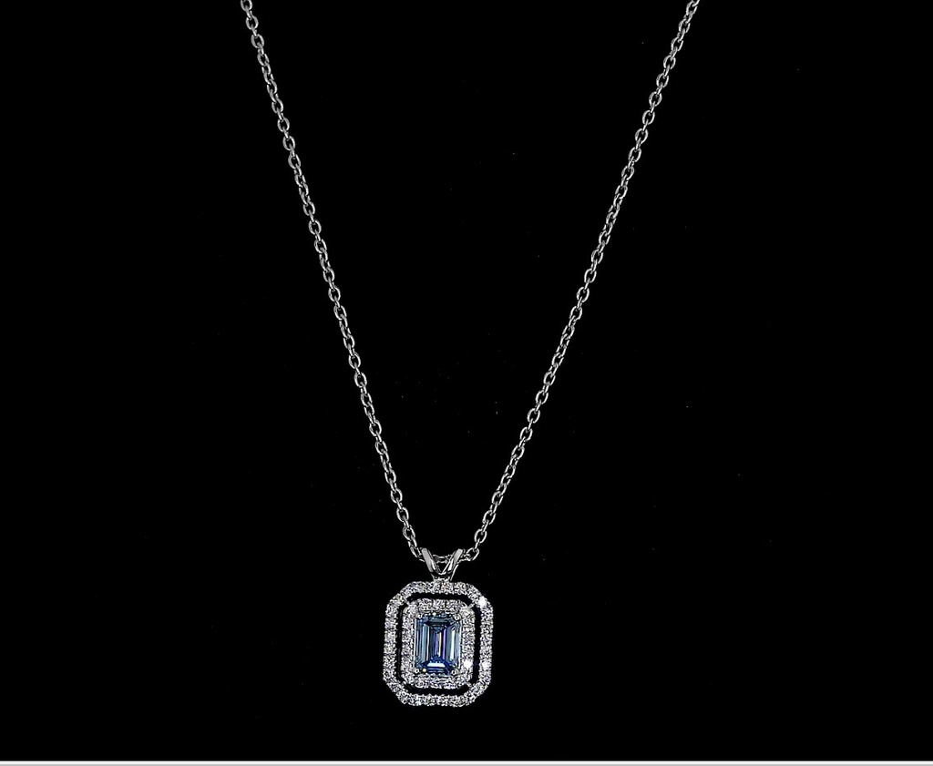 1.02 Cts 14k White Gold Emerald Shape Double Halo Pendant