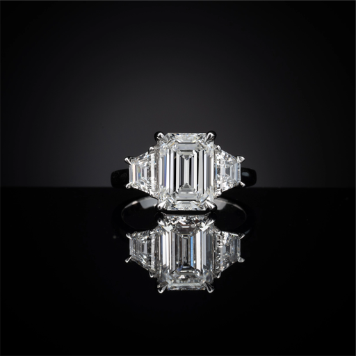 [RG14W3EM650PNS] 6.88 Cts 14k White Gold Emerald Shape 3 Stones Ring