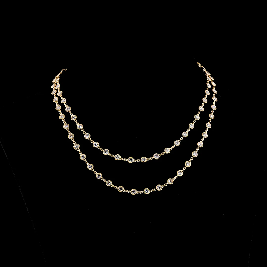 14.36 Cts 14k Yellow Gold Round Shape Double Strand Station Necklace