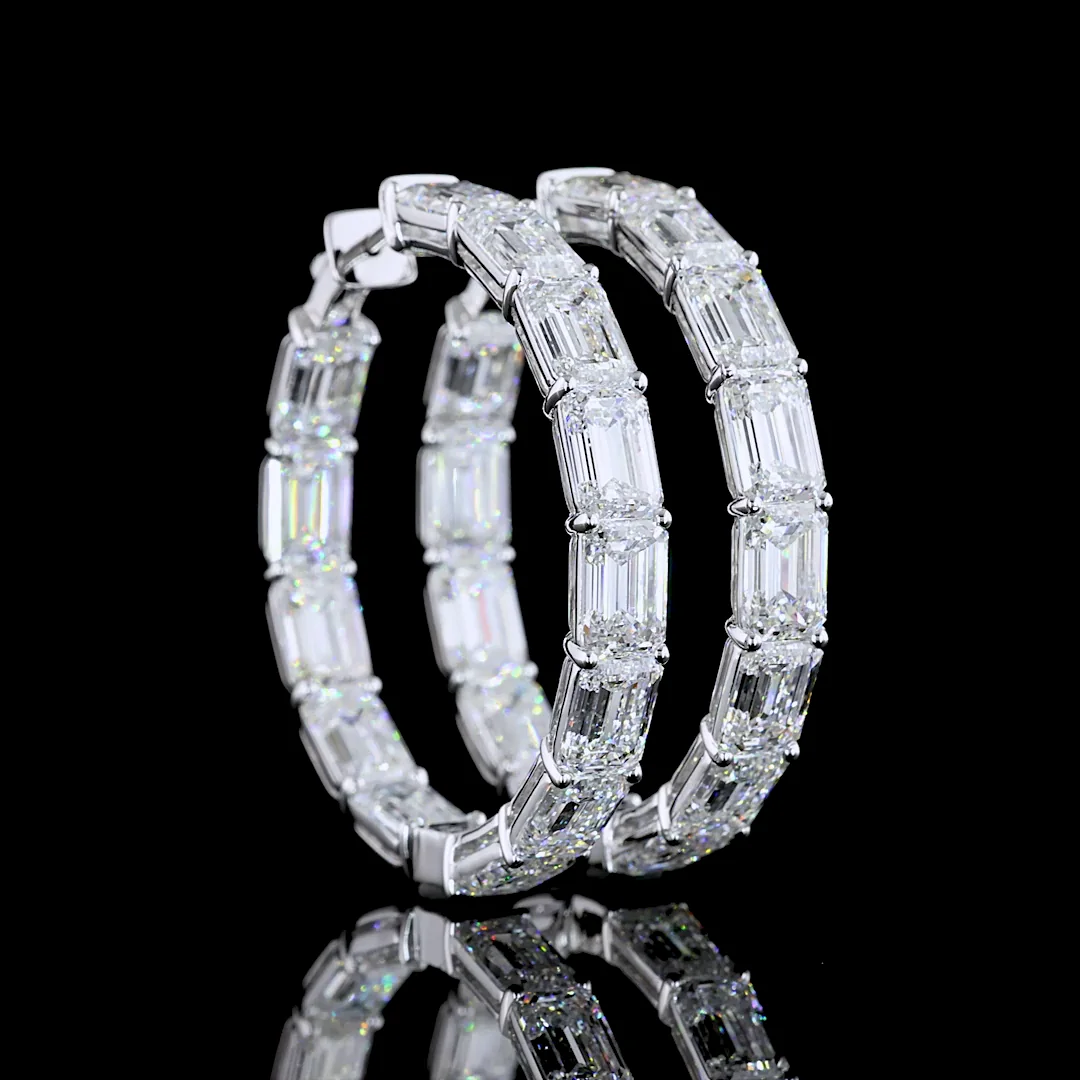 26.54 Cts 14k White Gold Emerald Shape Hoops Earring