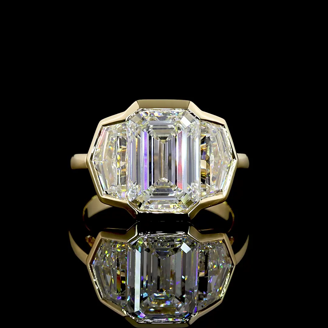 5.96 Cts 14k Yellow Gold Emerald Shape 3 Stones Ring